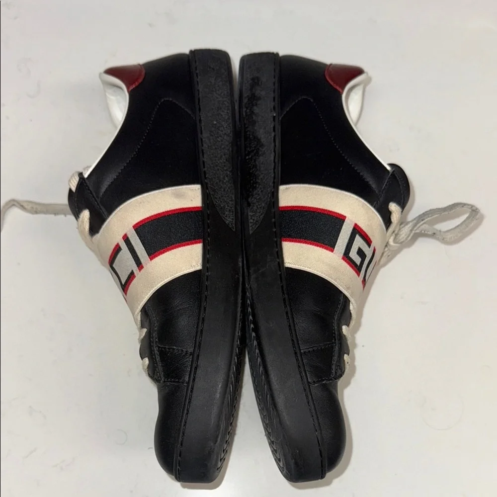 GUCCI 523469 ACE MEN'S SHOES BLACK CALF-SKIN LEATHER CASUAL SNEAKERS